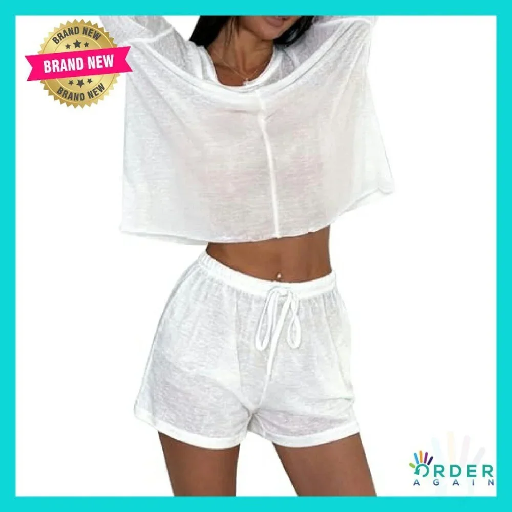 Sheer Mesh Pajama Set Long Sleeve Oversized Chic Lounge Sleepwear Y2K